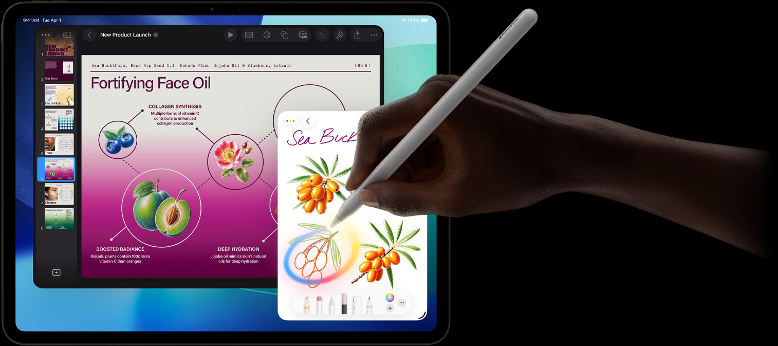 iPad Pro, Vorderseite, das Display zeigt einen dunkelblauen und grünen Hintergrund mit Farbverlauf und mehrere geöffnete Apps, eine Hand hält den Apple Pencil Pro und kreist eine Skizze ein, um das Apple Intelligence Feature „Bildkreation“ zu demonstrieren