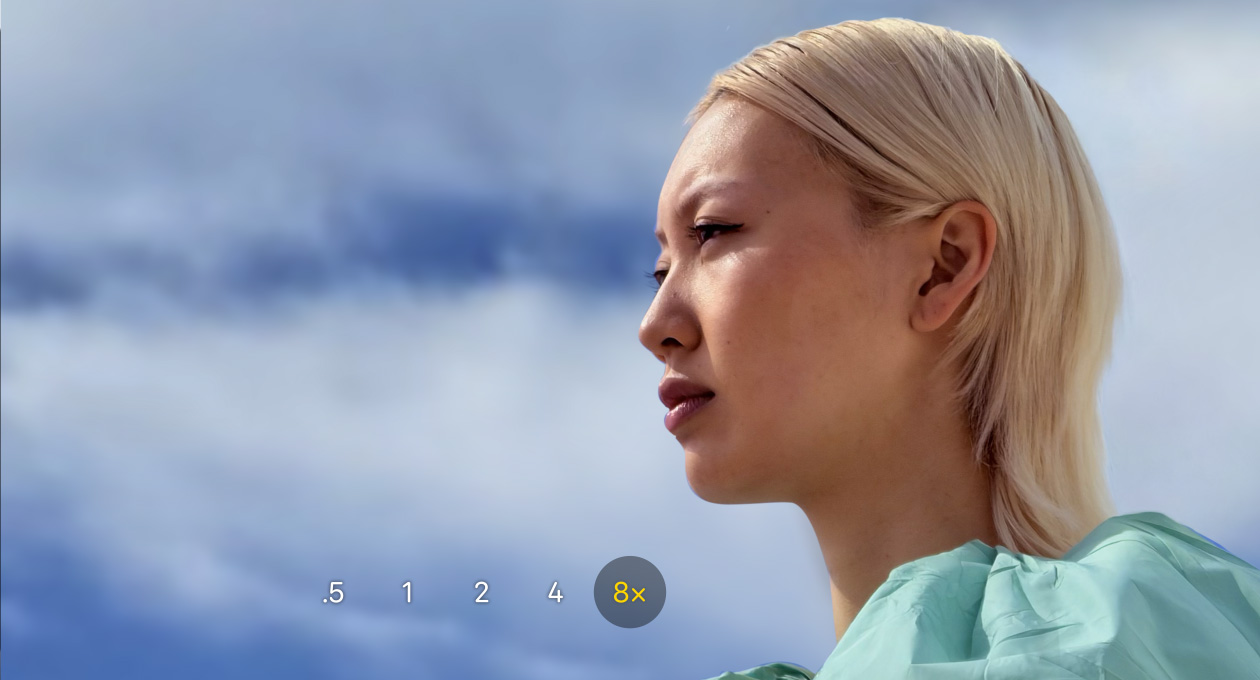 App Cámara del iPhone 17 Pro, zoom óptico de 0.5x, 1x, 2x, 4x y 8x, con la opción 8x seleccionada