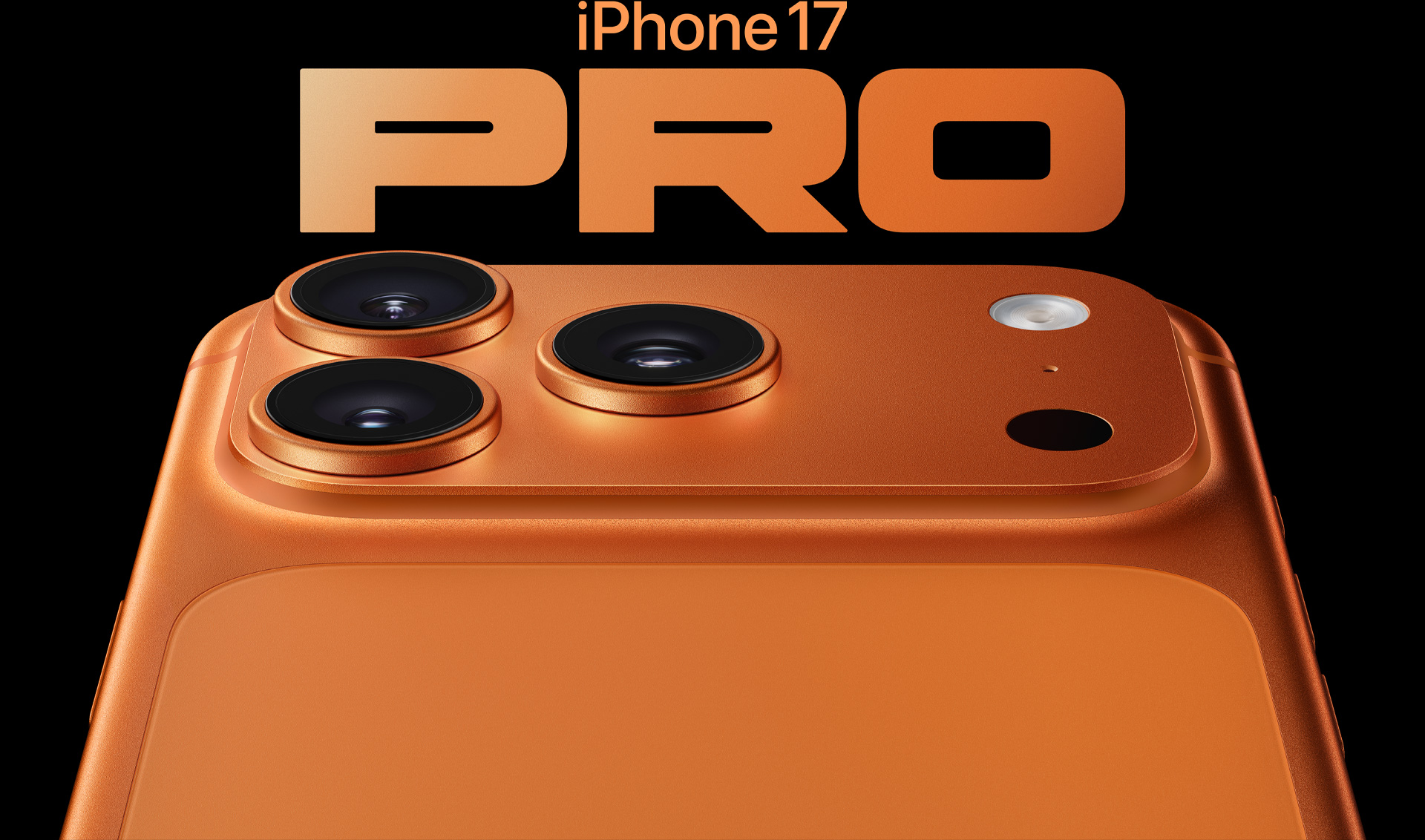 iPhone 17 Pro, acabado naranja cósmico, vista parcial de la parte posterior, sistema de cámaras Pro en la esquina superior izquierda, 3 lentes, micrófono, flash