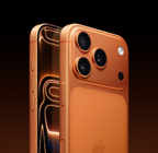 iPhone 17 Pro, acabado naranja cósmico, parte trasera en ángulo, sistema de cámaras Pro Fusion en el módulo superior, botón de Control de la Cámara, parte frontal, diseño todo pantalla, Botón de Acción y botones de volumen