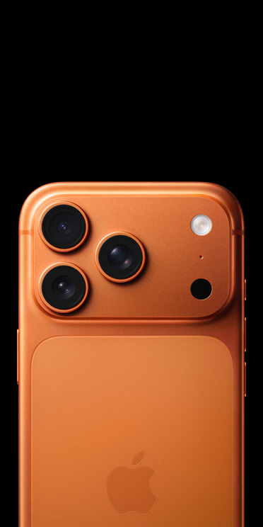 Rückansicht eines iPhone 17 Pro in Cosmic Orange mit Pro Kamera-System, LiDAR, Blitz und Mikrofon