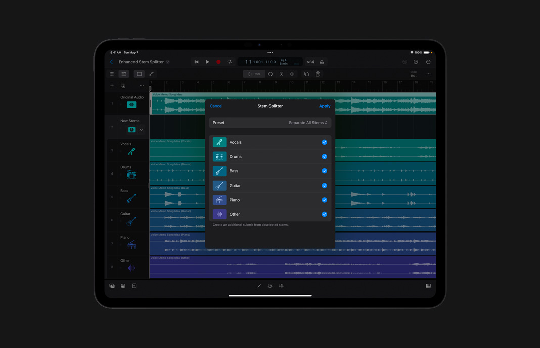 UI of Stem Splitter window with a list of Preset stem options, such as Vocals, Drums, Bass, Guitar, Piano, and Other, featuring icons next to each name.