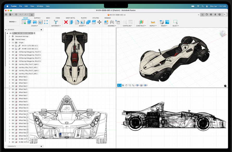 Modèle d’une voiture de course dans l’app Autodesk Fusion