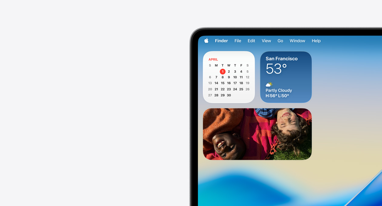 Top-left of Mac device screen showing the transparent Menu Bar and Liquid Glass versions of Weather, Calender, and Photos app widgets in Notification Center