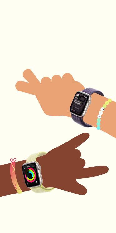 Illustration de deux poignets d’enfants portant une Apple Watch SE 3