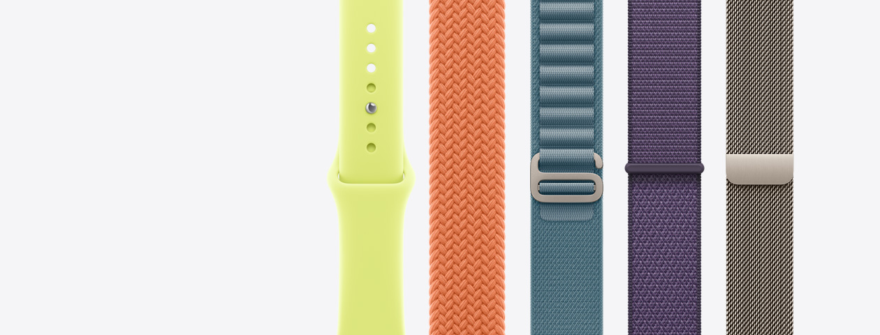 Apple Watch bands: Sport Band, neon yellow color, Braided Solo Loop, turmeric color, Alpine Loop, anchor blue color, Sport Loop, purple fog color, Milanese Loop, natural color