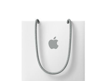 White Apple bag, gray rope handles, gray Apple logo centered